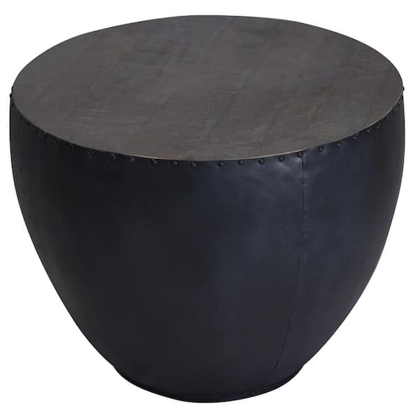 LR Home Modern Brown 26 in. Dia x 20 in. H Iron and Solid Wood Handmade Round Drum Side End Table