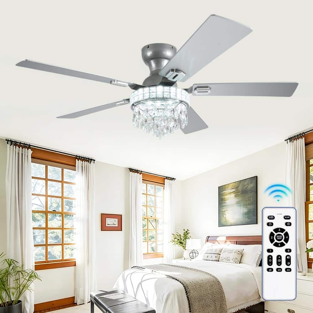 42 in. Silver Crystal 5-Silver/Wood Blade Flush Mounted Fandelier Ceiling Fan with LED Light and Remote for Bedroom price history on PriceWatchPro