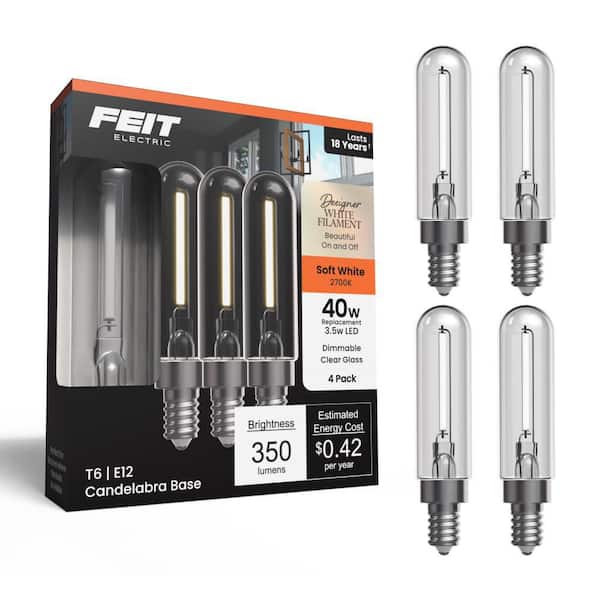 40-Watt Equivalent T6 Dimmable White Filament Clear Glass E12 Candelabra Tubular LED Light Bulb, Soft White (4-Pack)