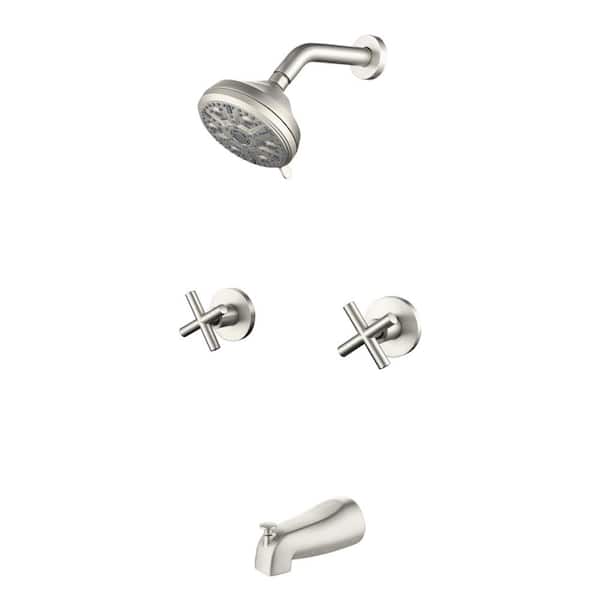 FORCLOVER Double Handle 10 -Spray Tub and Shower Faucet 1.8 GPM with 5.34 in. Spout Reach in Brushed Nickel, Valve Included