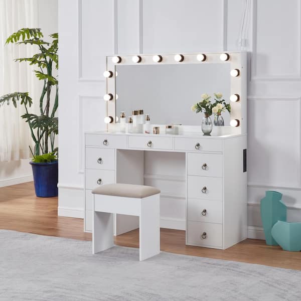 CYBERY 11-Drawer Cloud White Makeup Vanity Set with Stool, LED Mirror, Charging Station and Glass Desktop