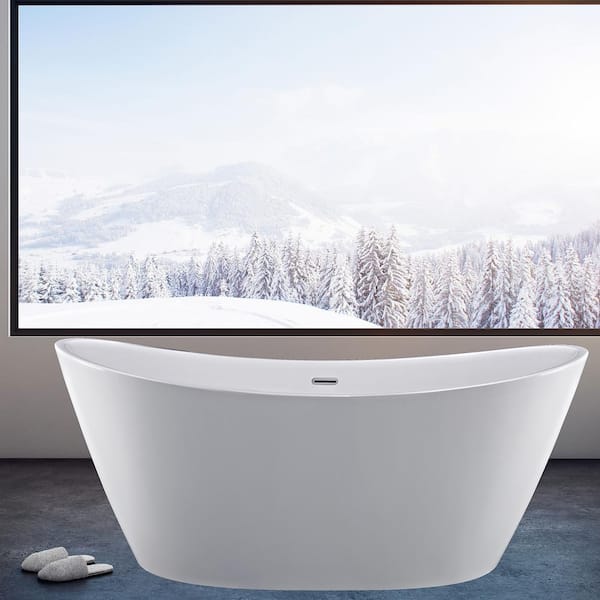 59 in. Acrylic Flatbottom Hourglass Freestanding Soaking Bathtub in White with Brushed Nickel Overflow and Drain
