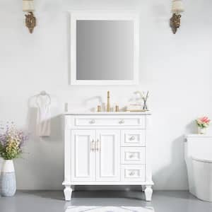 36 in. W x 22 in. D x 35 in. H Single Sink Bath Vanity in White with Carrara White Stain-Resistant Quartz Top and Mirror