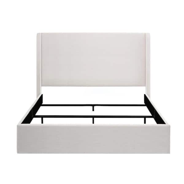 Frasier White Metal Frame King Size Platform Bed with Upholstered Wingback High Headboard, Ivory
