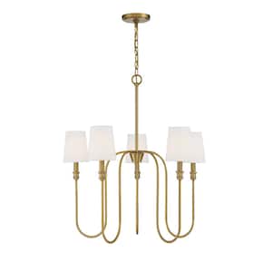 27.25 in. W x 29.25 in. H 5-Light Natural Brass Chandelier with White Fabric Shades