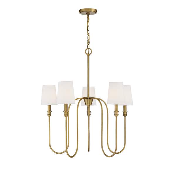 27.25 in. W x 29.25 in. H 5-Light Natural Brass Chandelier with White Fabric Shades