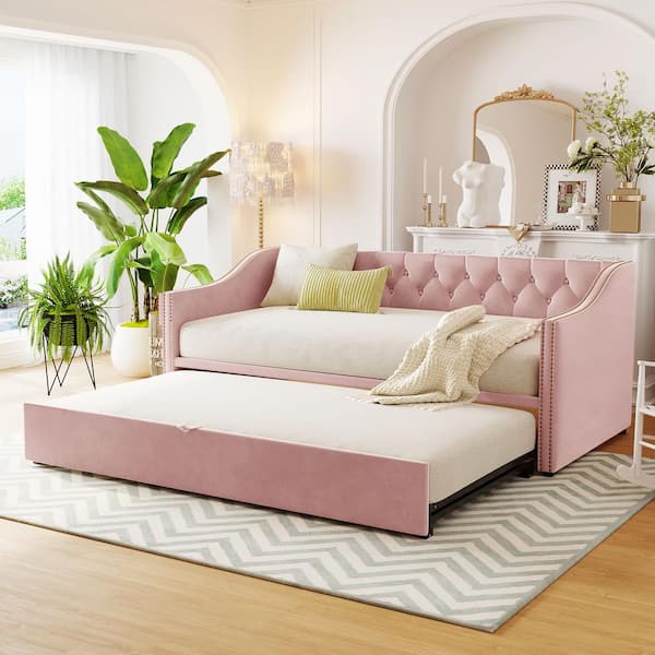 Harper & Bright Designs Pink Twin Size Soft Velvet Upholstered Tufted Daybed with Pop Up Trundle