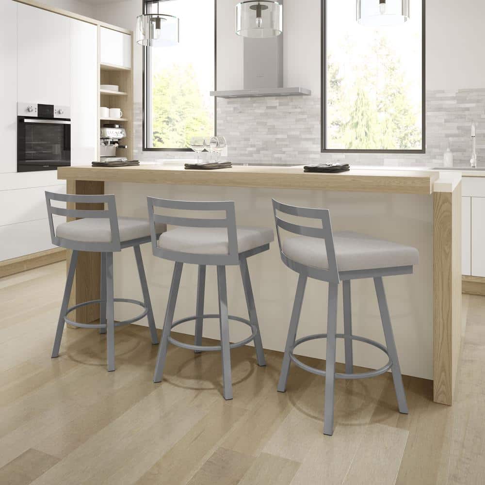 Sleek Metallic Grey Swivel Bar Stool with Cushioned Light Grey Seat