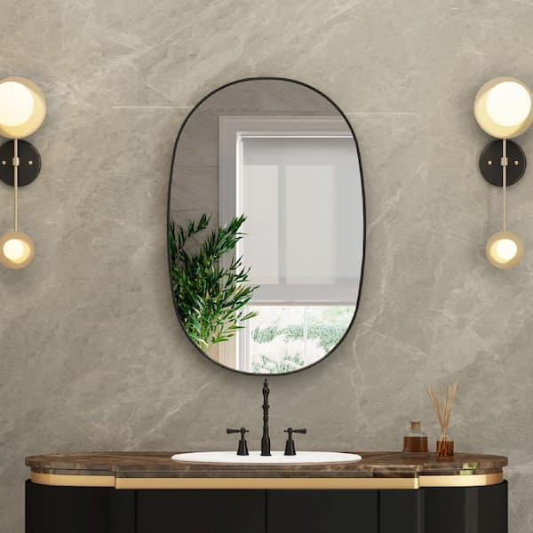 FORCLOVER 24 in. W x 36 in. H Oval Framed Wall Mount Bathroom Vanity Mirror in Matte Black
