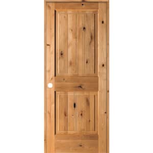 32 in. x 80 in. Knotty Alder 2 Panel Right-Hand Square Top V-Groove Clear Stain Solid Wood Single Prehung Interior Door