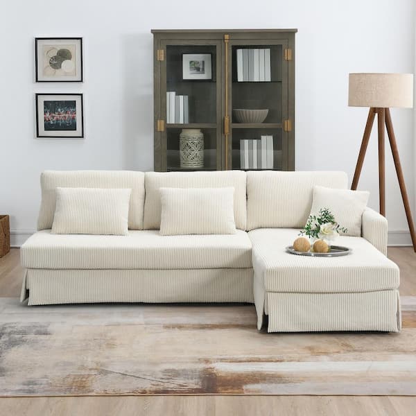 J&E Home 87 in. Square Arm 2-piece L Shaped Corduroy Velvet Apartment Sectional Sofa with Reversible Chaise in. Beige