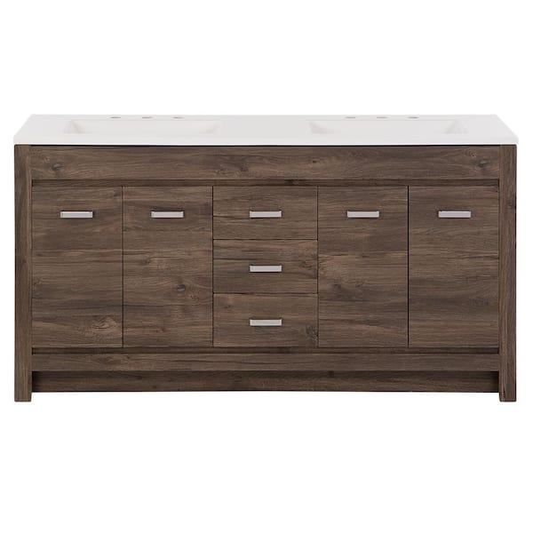 Warford 61 in. Double Sink Vintage Oak Bath Vanity with White Cultured Marble Top (Assembled)