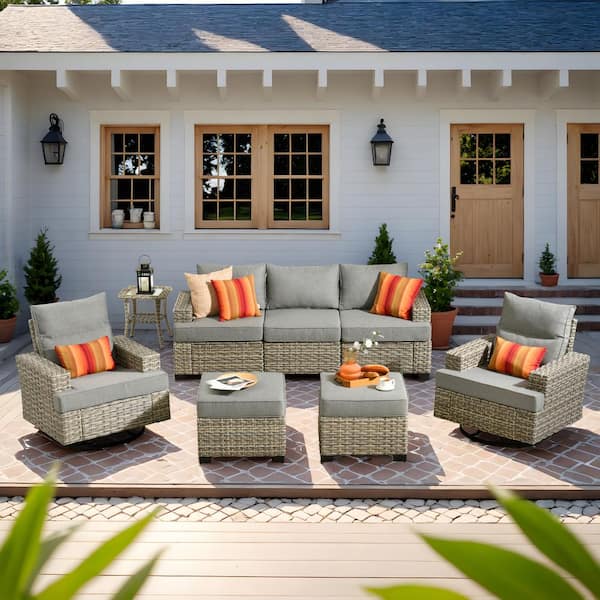 HOOOWOOO Kelleys 8-Piece Wicker Modern Outdoor Patio Conversation Sofa Set with Swivel Chairs and Dark Grey Cushions