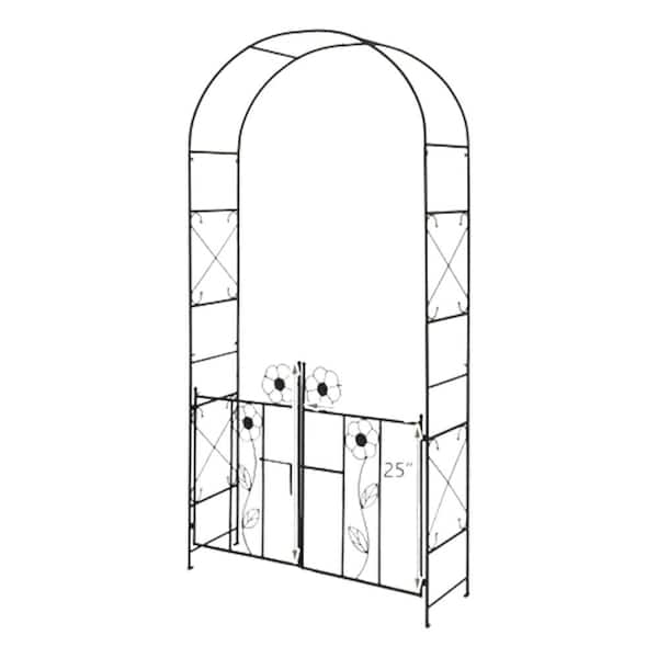 86 in. x 80 in. Metal Arch Garden Arbor Trellis with Gate, Latch and Planters for Climbing Vines and Flowers, Black