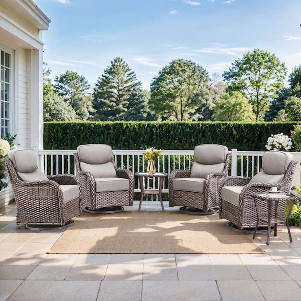 NovaSwivel 6-Piece Brown Wicker Patio Conversation Set Outdoor Swivel Glider Chair with 6 in. Thick Gray Cushions