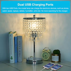 17 in. Chrome 3-Way Dimmable Touch Control Crystal Table Lamp with Dual USB Charging Ports