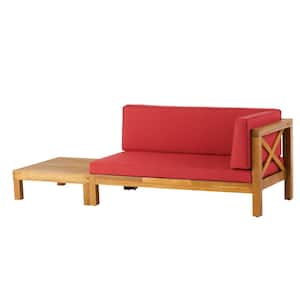 Elisha Teak 2-Piece Wood Right-Armed Patio Conversation Set with Red Cushions