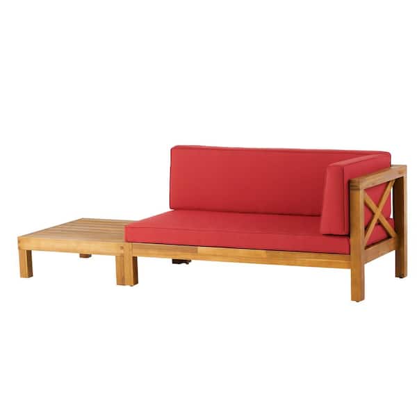 Noble House Elisha Teak 2-Piece Wood Right-Armed Patio Conversation Set with Red Cushions