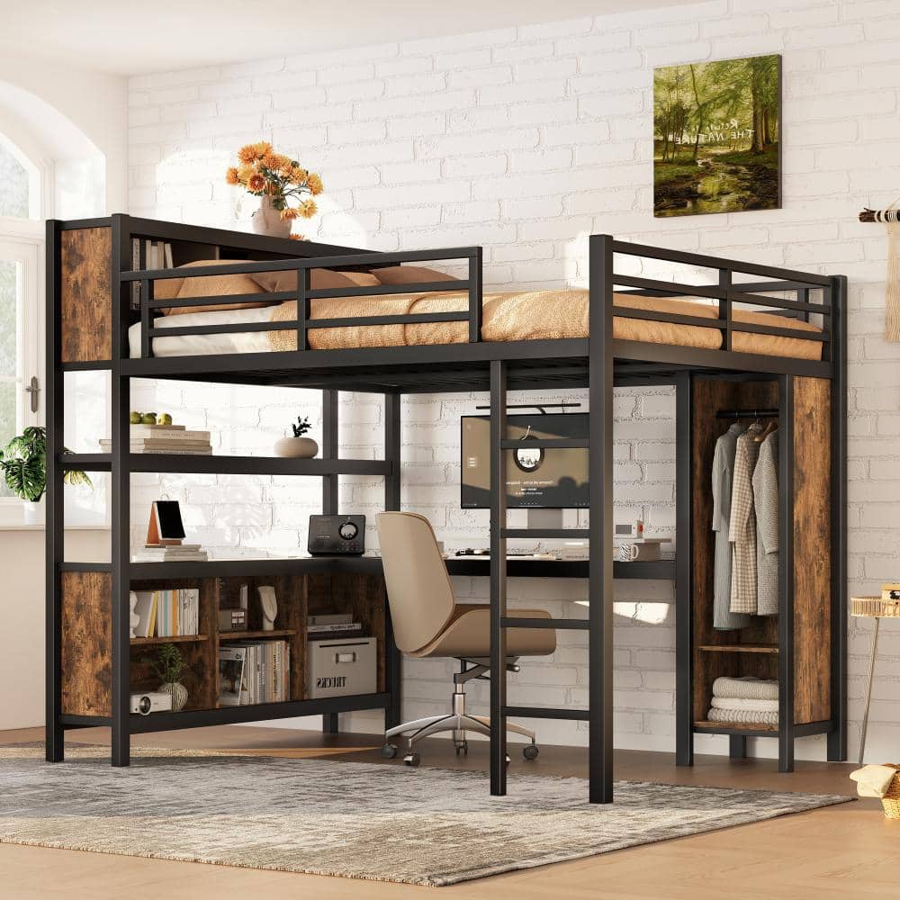 Black Straight Grain Queen Metal Loft Bed with Wardrobe,L-shaped Desk,Storage Cubes and Shelves price history on PriceWatchPro