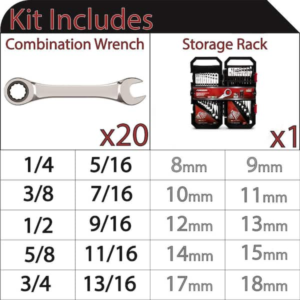 72-Tooth Ratcheting SAE/MM Combination Wrench Set (20-Piece)