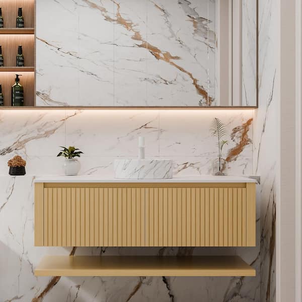 Loiry 48 in. Floating Corolla Oak Woodgrain Bath Vanity with Ceramic Basin and White Sintered Stone Top Pre-assembled