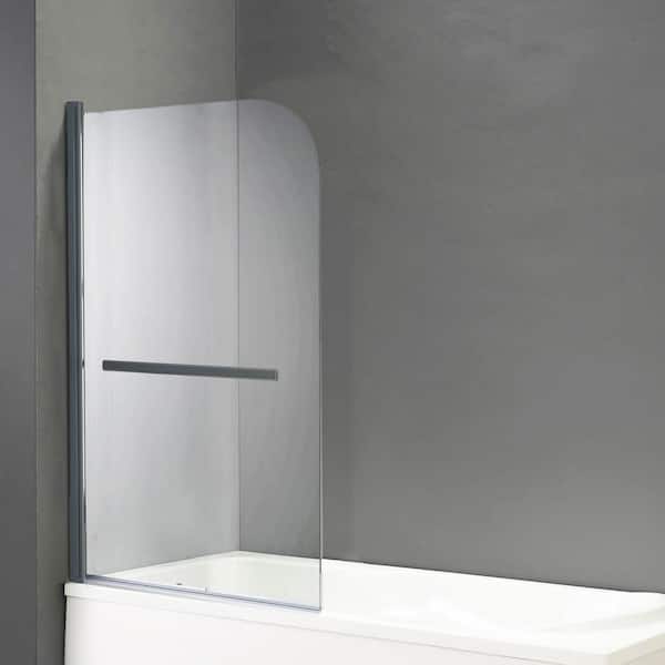 31 in. W x 55 in. H Pivot Frameless Tub Door in Stainless Steel Finish with Temper Glass