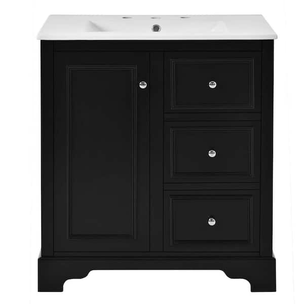 29.96 in. W Single Sink Freestanding Bath Vanity in Black with White Ceramic Top, 3 Drawers and 1 Adjustable Shelf
