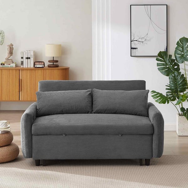 Polibi 57.48 in. Square Arm Fabric Rectangle Sofa with Two Throw Pillows and USB Ports in. DARK GREY