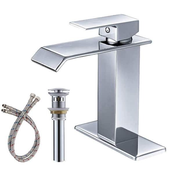 Unbranded Waterfall Single Hole Single-Handle Low-Arc Bathroom Faucet With Pop-up Drain Assembly in Polished Chrome