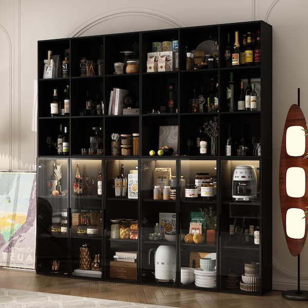 FUFU&GAGA Black Wood 4-in-1 Combination Storage Cabinet Display Cabinet Freestanding Locker with Glass Doors, 3-Color LED Lights