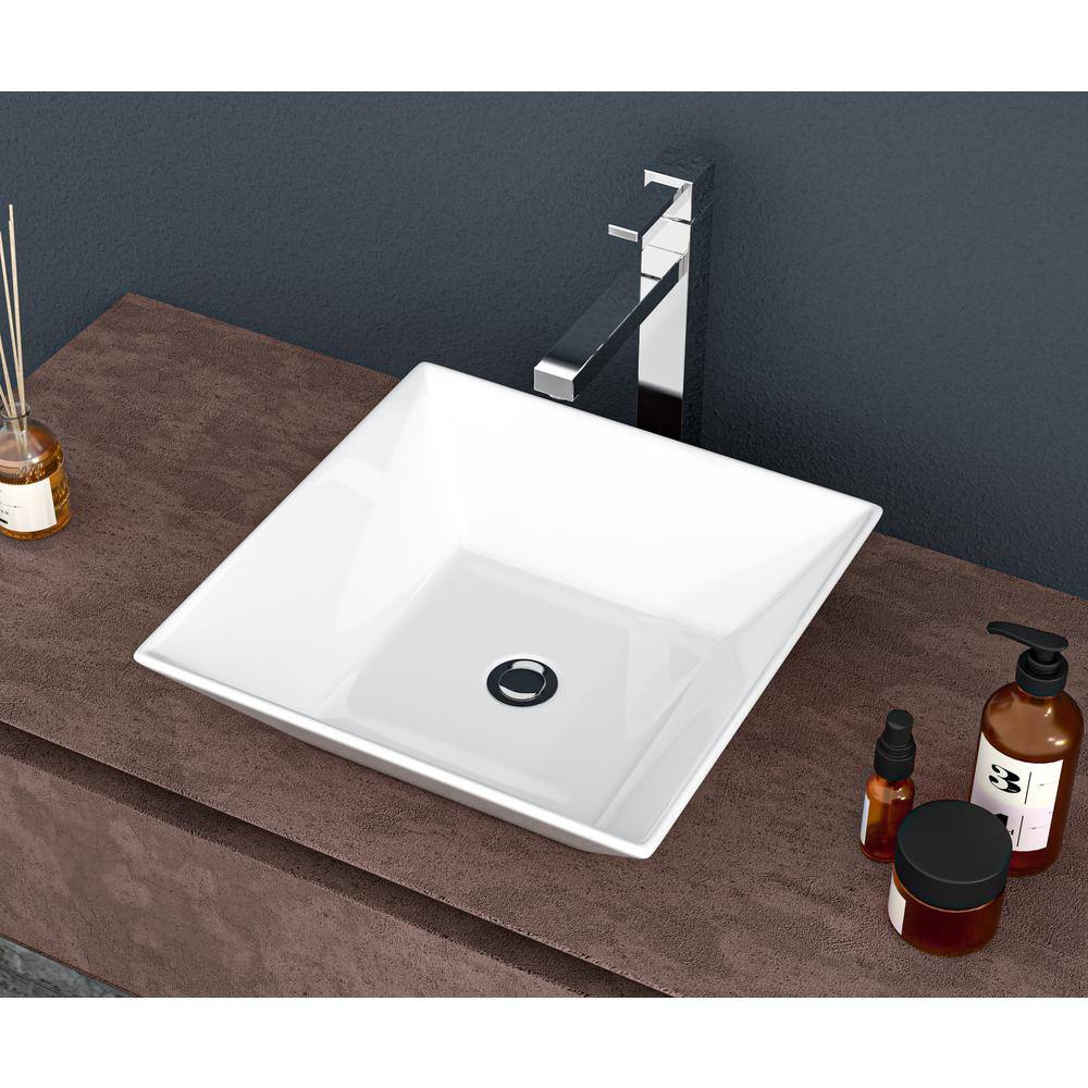 16-Inch White Ceramic Square Vessel Bathroom Sink