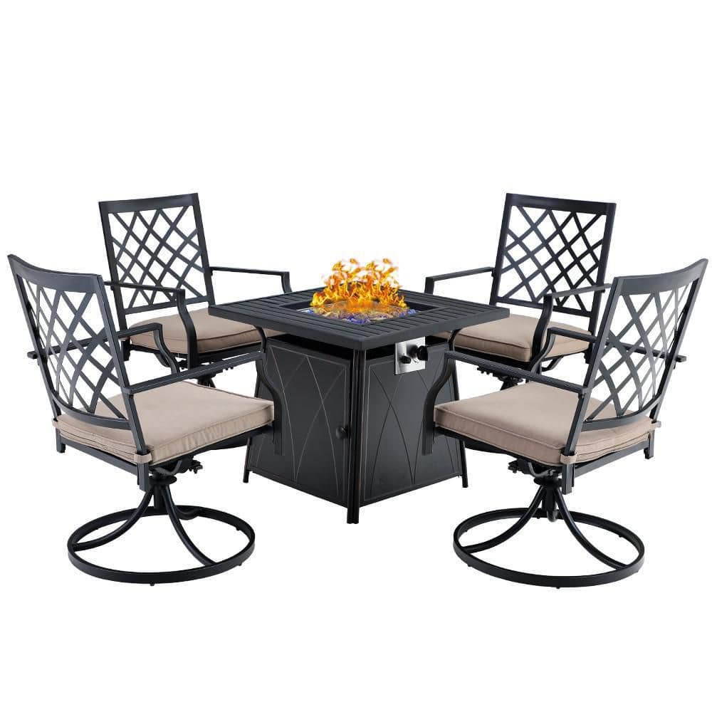 PHI VILLA Black 5-Piece Metal Patio Fire Pit Set with Swivel Chairs with  Beige Cushions THD5-001-4801 The Home Depot