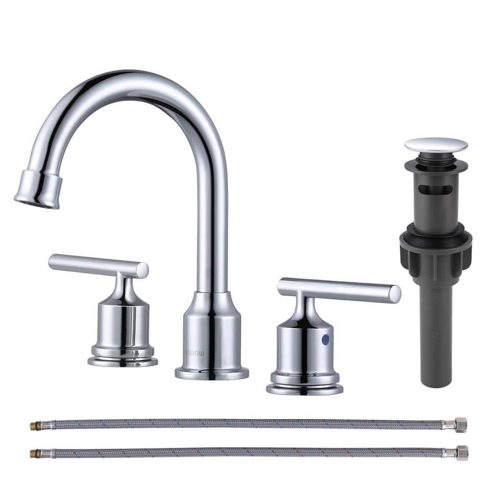 WOWOW 8 in. Widespread Double Handle Bathroom Faucet with Drain Kit in Chrome