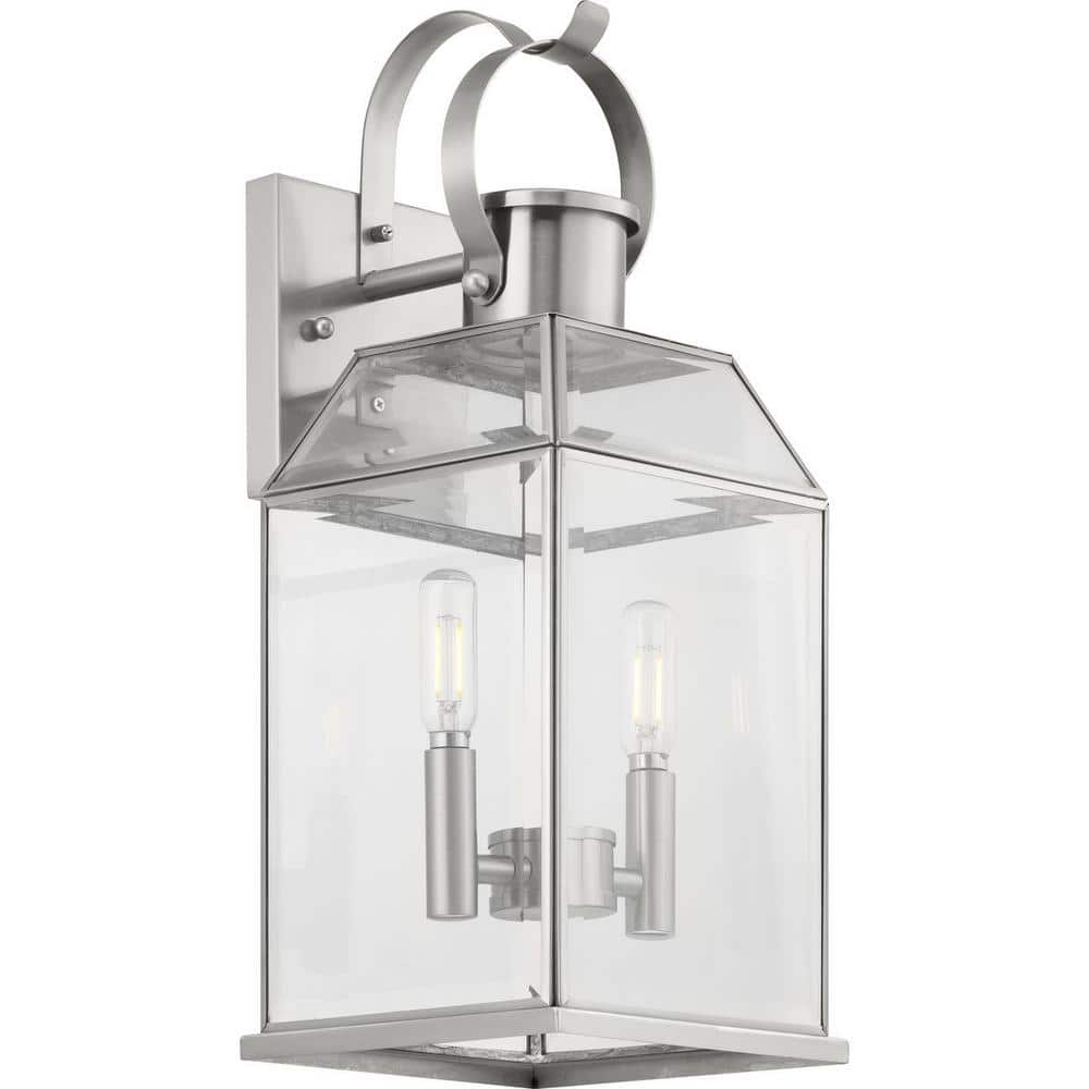 Progress Lighting Canton Heights 2-Light 18 in. Stainless Steel Outdoor Wall Lantern with Clear Beveled Glass