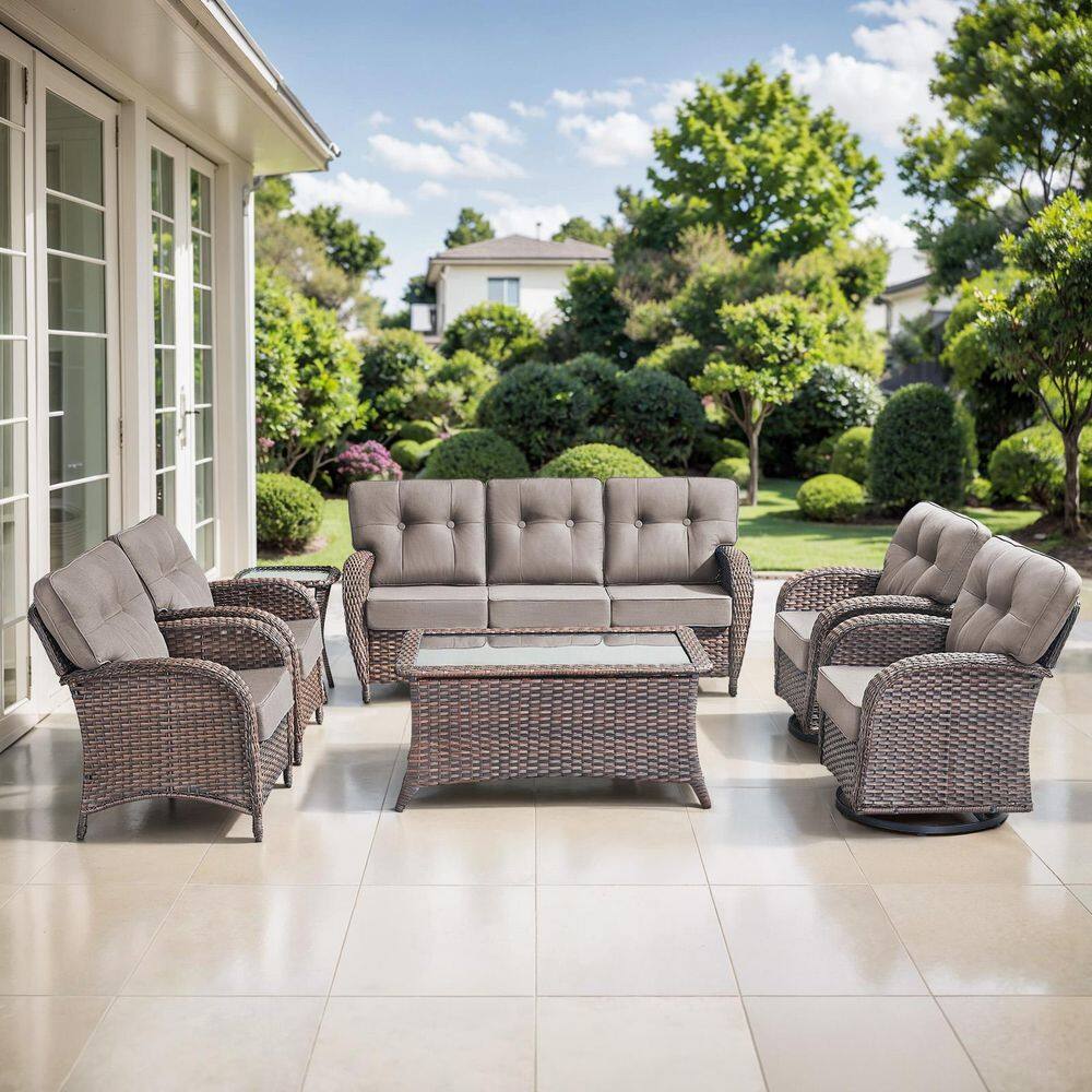 TWrap Brown 7-Piece Wicker Patio Conversation Set with Gray Cushions and Swivel Rockers, Armchairs price history on PriceWatchPro