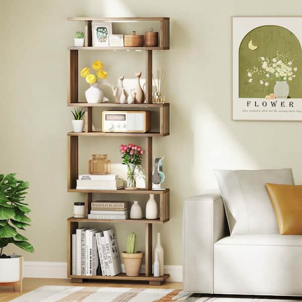 64 in. Tall Brown Wood 6-Shelf Bookcase with Anti-Tipping Kit Freestanding Display Shelf