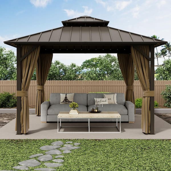 12 ft. x 12 ft. Double Galvanized Steel Roof Aluminum Frame Outdoor Patio Hardtop Gazebo with Netting and Curtains