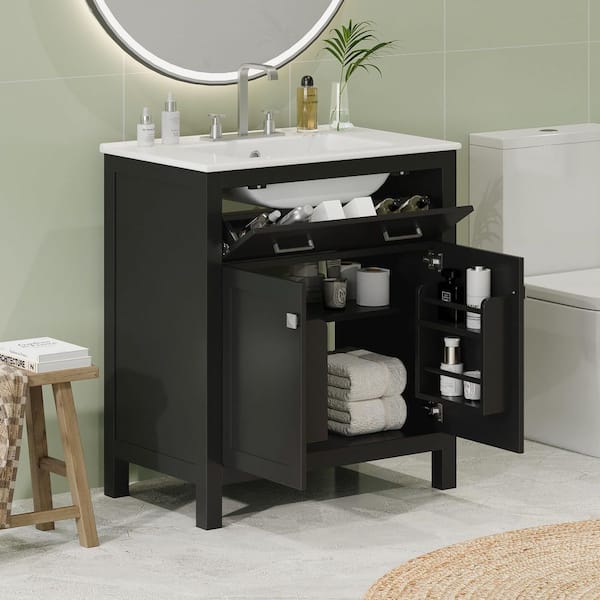 Unbranded 30 in. W x 18.3 in. D x 33.59 in. H Freestanding Bath Vanity in Black with White Ceramic Sink Top