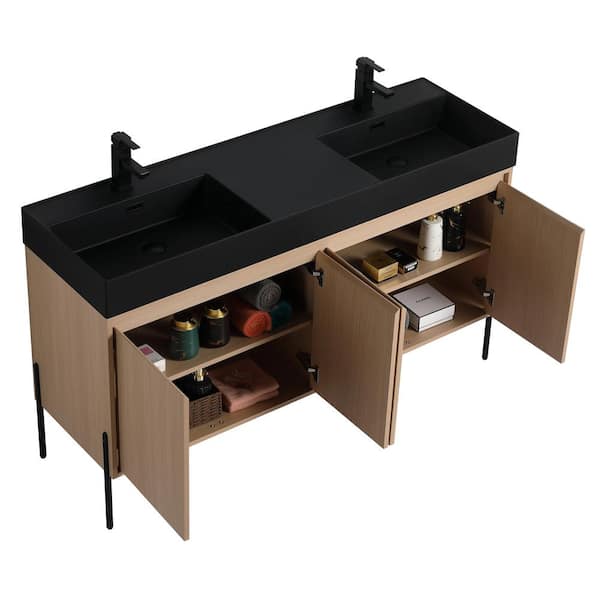 Crownpoint 60 in. Freestanding Double White Oak Bathroom Vanity with Black Acrylic Sink Top Unassembled