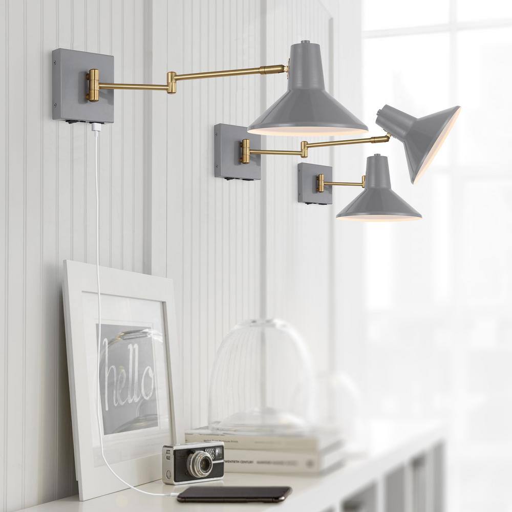 Black Iron Swing Arm Plug-In Wall Sconce with USB Port