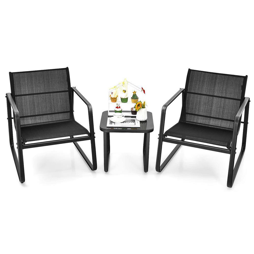 Black 3-Piece Metal Outdoor Bistro Set with Glass Top Table price history on PriceWatchPro