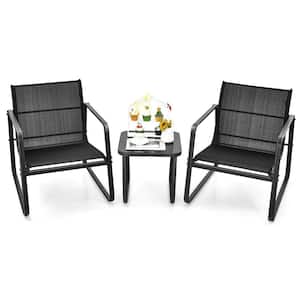 Black 3-Piece Metal Outdoor Bistro Set with Glass Top Table