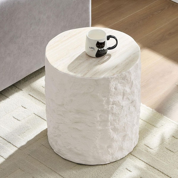 Arend 15.75 in. W Beige Round Fiberglass Side Table, Modern Design Imitation Stone End Table