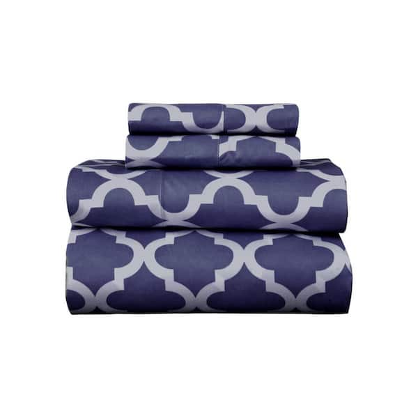 4-Piece Navy and White Novelty Microfiber King Sheet Set