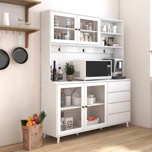 White Wood 63 in. W Large Kitchen Pantry Cabinet with 4 Doors, 4