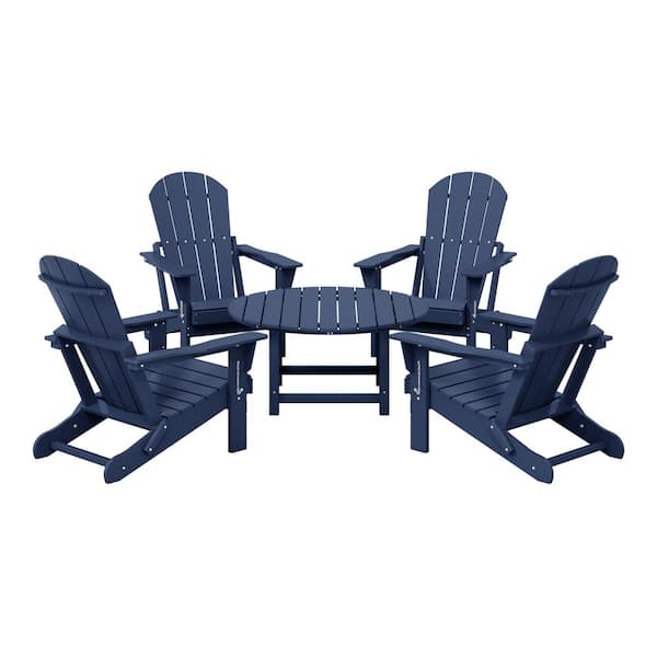 Laguna Navy Blue Fade Resistant 5-Piece Plastic Adirondack Chair Outdoor Patio Conversation Set With Round Coffee Table