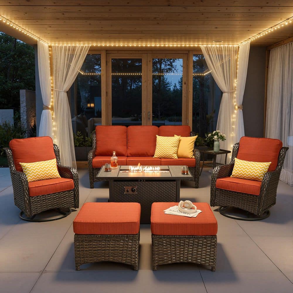 Nerium B 7-Piece Wicker Outdoor Patio 42 in. Fire Pit Conversation Set w/ Swivel Rocking Chairs and Orange Red Cushions price history on PriceWatchPro