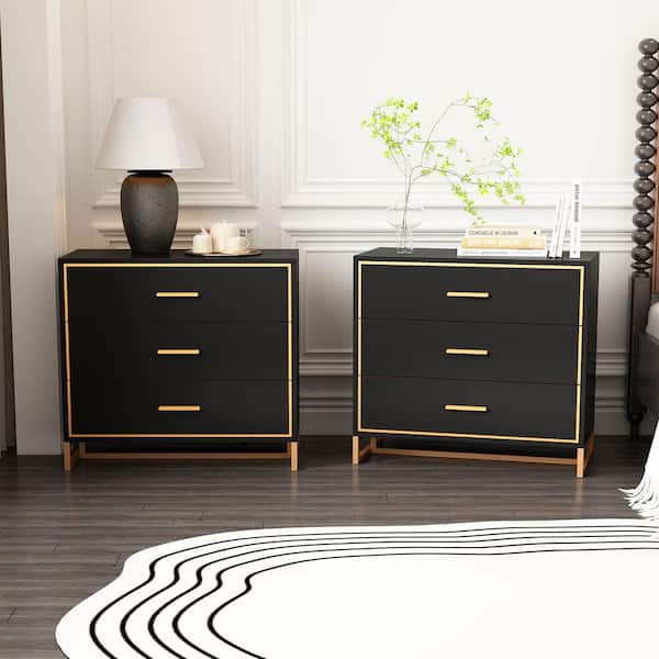 31.5 in. Width Black and Golden Rectangle Wooden End Table, Nightstand, Side Table with 3 Drawers