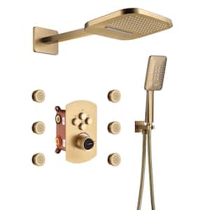 Pressure Balanced 4-Spray Patterns 22 in. Wall Mounted Rainfall Dual Shower Heads with 6 Body Spray in Brushed Gold