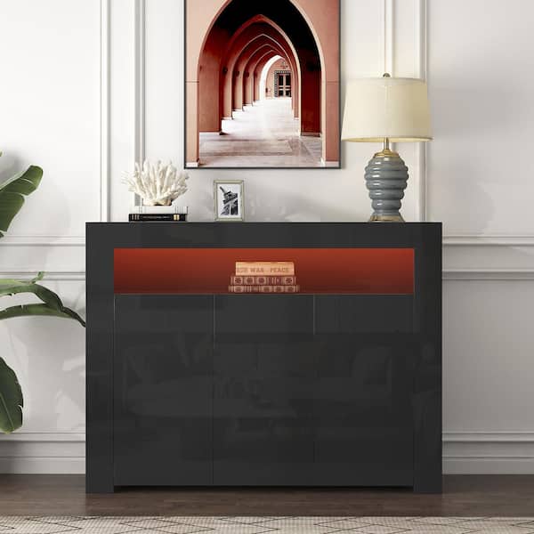 Unbranded Black Wood 51 in. Sideboard Storage Cabinet with LED Light Modern Cupboard Buffet Storage Display Cabinet with 3-Doors